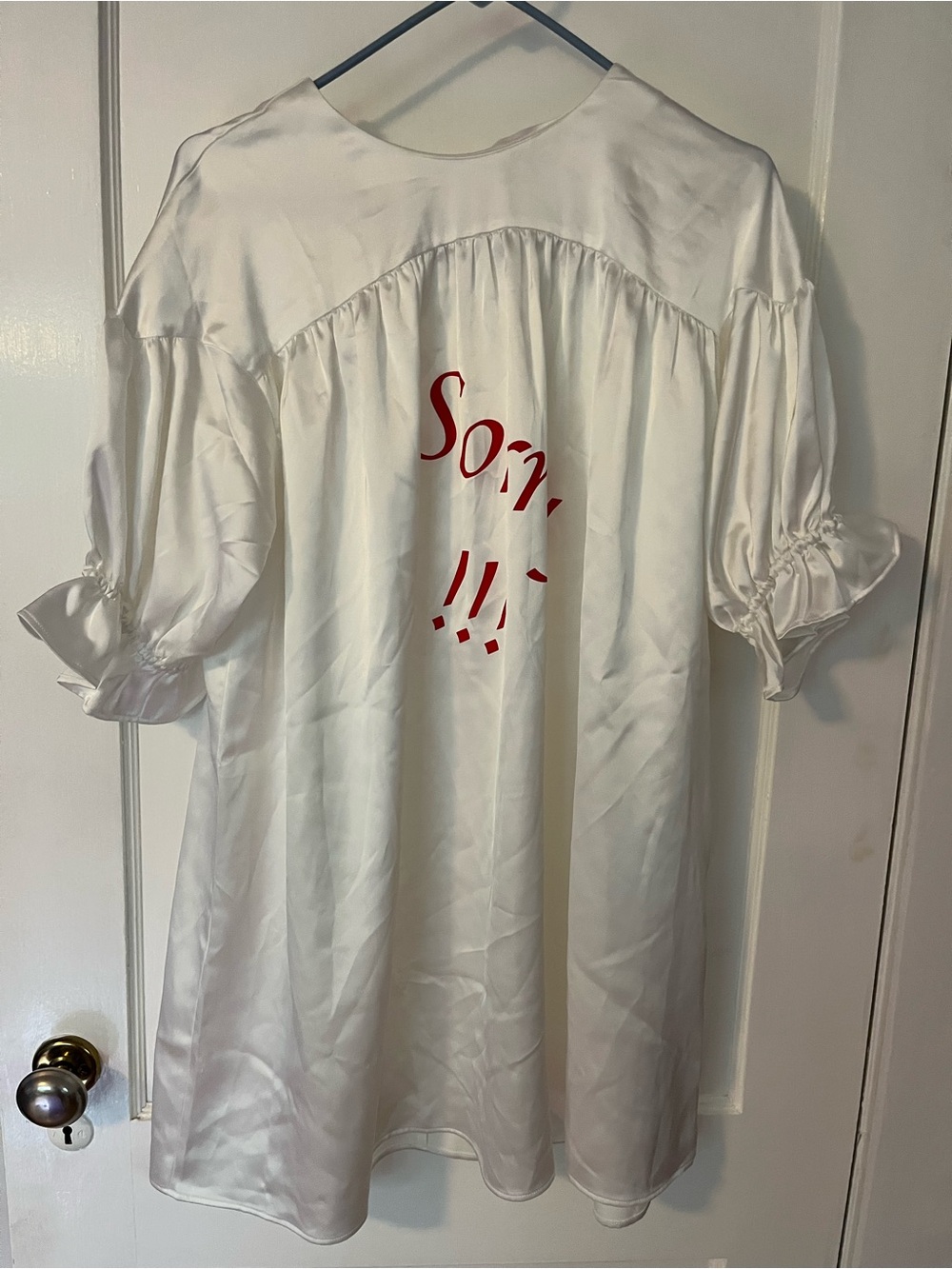 White Satin Women's pyjama shirt with Red Script Back